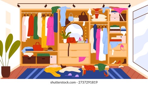 Open wardrobe filled with colorful clothes, shoes, bags, and accessories in disarray, with garments and items scattered on the floor and shelves, home interior vector illustration