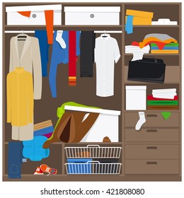 Open wardrobe with mess clothes. Household mess vector illustration