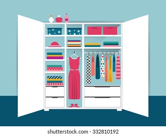 Open Wardrobe. White Closet With Tidy Clothes, Shirts, Sweaters, Boxes And Shoes. Home Interior. Flat Design Vector Illustration.