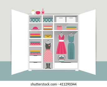 Open wardrobe. White closet with tidy clothes, shirts, sweaters, boxes and shoes. Home interior. Flat design vector illustration.