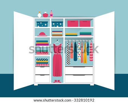 Open wardrobe. White closet with tidy clothes, shirts, sweaters, boxes and shoes. Home interior. Flat design vector illustration.