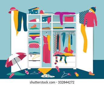 Open wardrobe. White closet with untidy clothes, shirts, sweaters, boxes and shoes. Home mess interior. Flat design vector illustration.