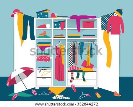 Open wardrobe. White closet with untidy clothes, shirts, sweaters, boxes and shoes. Home mess interior. Flat design vector illustration.