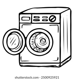 Open washing machine hand drawn doodle. Laundry room. Electric device for washing clothes. House cleaning. Vector outline line art illustration.