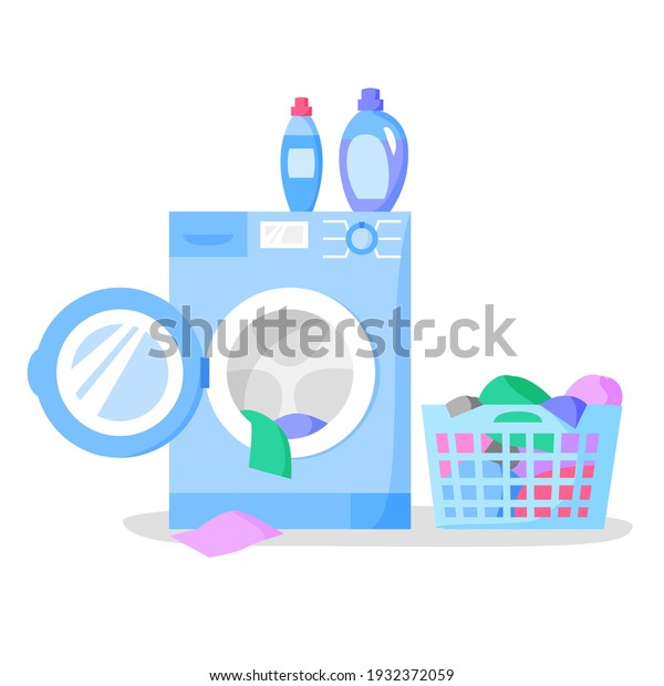 Open washing\
machine and laundry basket with clothes, bottles with liquid\
detergents, vector flat\
illustration