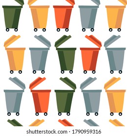 Open waste bins for separate waste collection. Waste recycling and clean land conservation concept. Vector seamless pattern in flat style. Printing on campaign materials, design of waste recycling and