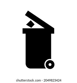 open waste container. black vector icon, isolated object on white background, box with wheels