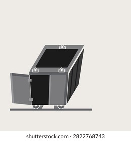 Open waste container drawn from behind with one rear door swung open and no lid over the top, a flat geometric vector in mono ink colours with plain panels left free for your own dates and wording.