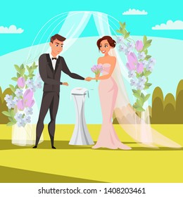 Open wedding ceremony flat vector illustration. Bride and groom cartoon characters. Outdoor decorative arch. Flower bouquet, draping, rings, vows. Bridal entrance, gate. Marriage celebration in par