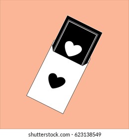 Open wedding invitation card from envelope icon isolated on orange background. 