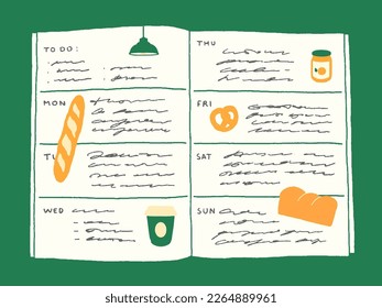 Open weekly planner with handwritten abstract text and cafe stickers. Flat vector illustration of a diary with the days of the week and cute bread, baguette, coffee stickers 