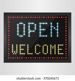 Open and welcome neon sign background.vector