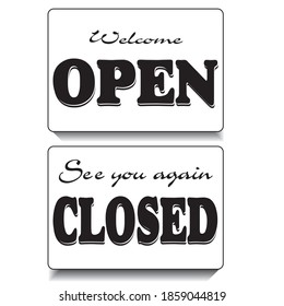 Open welcome Sign Illustration and Closed See you again Sign illustration on White Background. Suitable for A4 or in all size papers to double side print and Hanging on Door front.