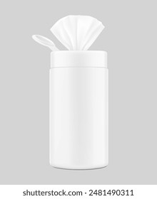 Open wet wipes canister mockup. Vector illustration isolated on grey background. Easy to customise for your product, promo or ad. EPS10.	