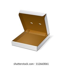 Open White Blank Carton Pizza Box On White Background Isolated. Ready For Your Design. Food Product Packing Vector EPS10