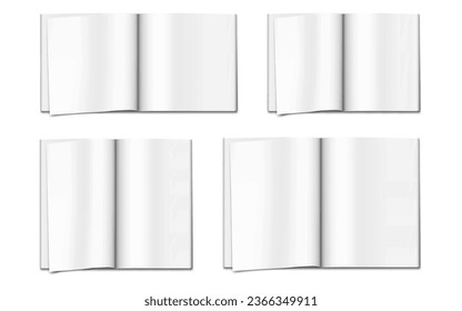Open white blank note book vector mock-up set. Journal or magazine, realistic mockup. Brochure, booklet or catalog empty pages template