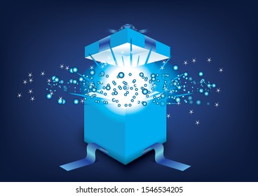 Open white blue gift box  on blue background ,package in vector illustration. 
