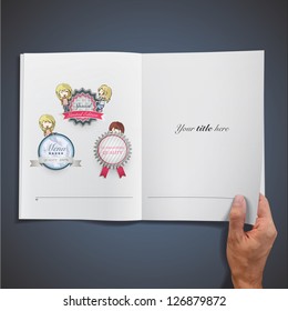 Open white book with kids holding vintage labels. Vector design.