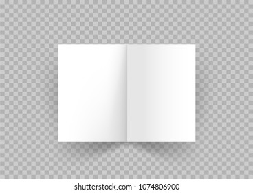 Open white book or paper booklet leaflet brochure of two paper sheets with shadow on transparent background. Corporate advertising design. Presentation cover empty template