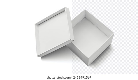 Open White Box with Lid  for Product Display. Simple yet elegant open white box with a detached lid, displayed on a transparent background, perfect for showcasing products or packaging design. Vector