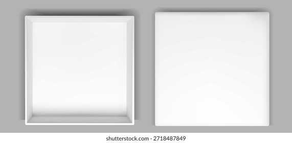 Open white box mockup shown from top view. Gift package inside with realistic shadow. Square mystery cardboard container, empty interior and blank paper cover. Vector 3d perspective above template.