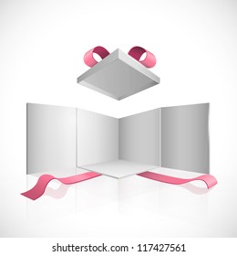 Open white box with red ribbons. Vector design.