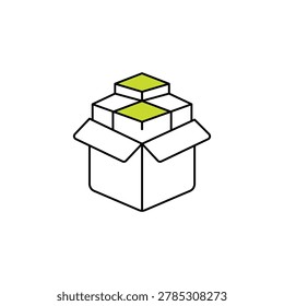 An open white cardboard box is depicted with several stacked packages inside. The topmost packages have vibrant green tops, creating a visual contrast against the white of the box and the rest of the
