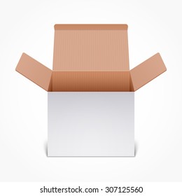 Open white cardboard box. Realistic vector illustration