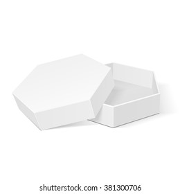 Open White Cardboard Hexagon Box Packaging For Food, Gift Or Other Products. Illustration Isolated On White Background. Mock Up Template Ready For Your Design. Product Packing Vector EPS10