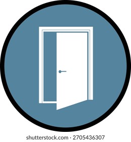Abra la puerta blanca con el fondo azul del círculo y el Vector negro del contorno