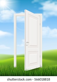 Open white door in the grass on the background of natural landscape. Vector concept illustration.