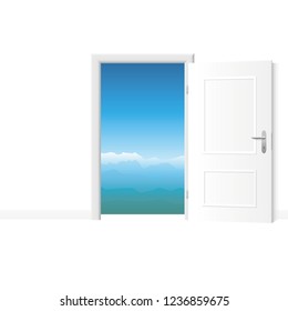 Open white door with mountain view. Bright white room with access to fresh and pure air. Vector illustration.
