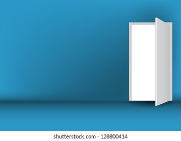 Open white door on a green wall vector illustration