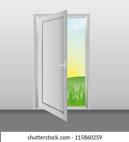 Open white doors with glass panels into the garden