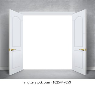 Open white double doors. Background in vector graphic. White wall