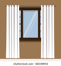 Open White Drapery Curtain.Flat Style Vector Illustration.