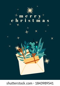 Open white envelope with Christmas gifts and green leaves inside. Small stars and text Merry Christmas. Greeting card design. Vector illustration for New Year celebration. 