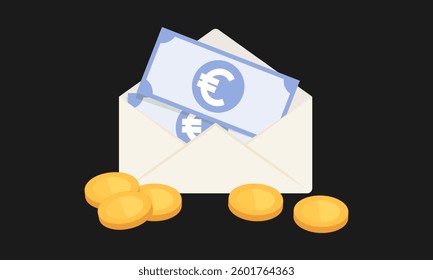 Open white envelope with Euro banknotes and gold coins. Vector illustration represents concepts of receiving money, financial transactions, or budgeting