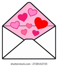 Ilustración de sobre blanco abierto con corazones rojos y rosados voladores para la carta de amor del día de San Valentín y diseño romántico de la tarjeta de felicitación
