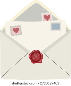 Un sobre blanco abierto con un sello de cera roja y varios sellos postales, dos de los cuales cuentan con corazones rojos.