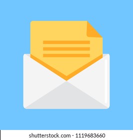 Open white envelope with yellow paper inside. Delivery post online email mail document newsletter internet communication concept. Vector flat cartoon graphic design element isolated icon