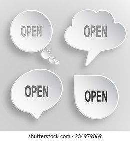 Open. White flat vector buttons on gray background.