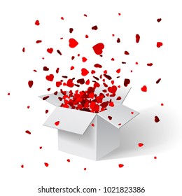 Open White Gift Box and Confetti hearts. Christmas Background. Vector Illustration