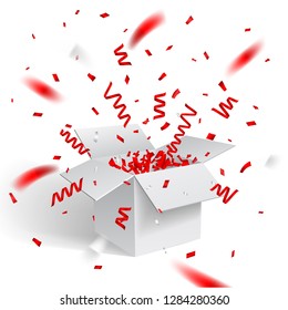 Open white Gift Box and Confetti. Christmas and Valentine Background. Vector Illustration.