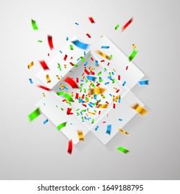 Open white gift box and confetti box top view. Christmas background. Vector illustration.
