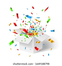Abrir caja blanca de regalo y confeti.Antecedentes de Navidad. Ilustración vectorial.