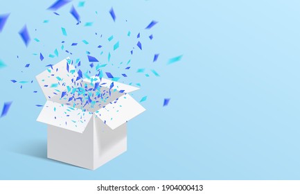 Open White Gift Box and Confetti. Vector Illustration.