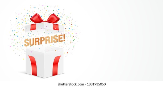 Open White Gift Box With Exploded Confetti, And Surprise Message, Isolated On A White Background With Copy Space. Horizontal Vector Banner Of The Mystery Box, For Prize Offer Promotion.