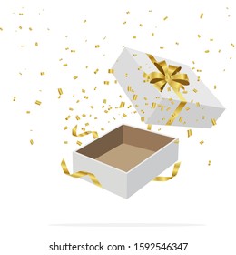 Open white gift box and falling gold falling on white background. surprise inside.Vector Illustration.