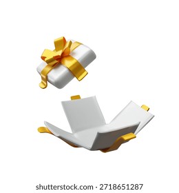 Abra la caja de regalo blanca con la cinta y el arco dorados, aislados en el fondo blanco. Diseño de caja de regalo tridimensional para Navidades, año Nuevo, cumpleaños, promociones, materiales de marketing de temporada.